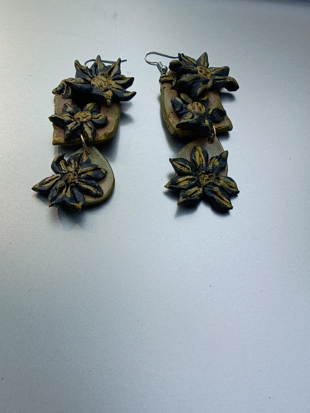 Handcrafted Black and Gold Floral Drop Earrings